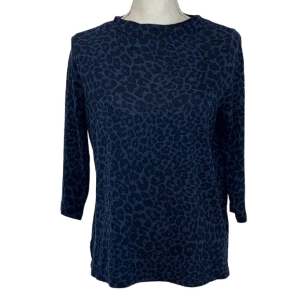 Marks & Spencer Navy Leopard Print 3/4 Sleeve Top Cheetah Cougar slits women's S - Picture 2 of 15